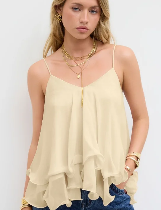 Women Chiffon Camisole Top Spaghetti Strap V Neck Ruffled Flowy Sleeveless Elegant Casual Layered Hem Tank Tops for Daily Party