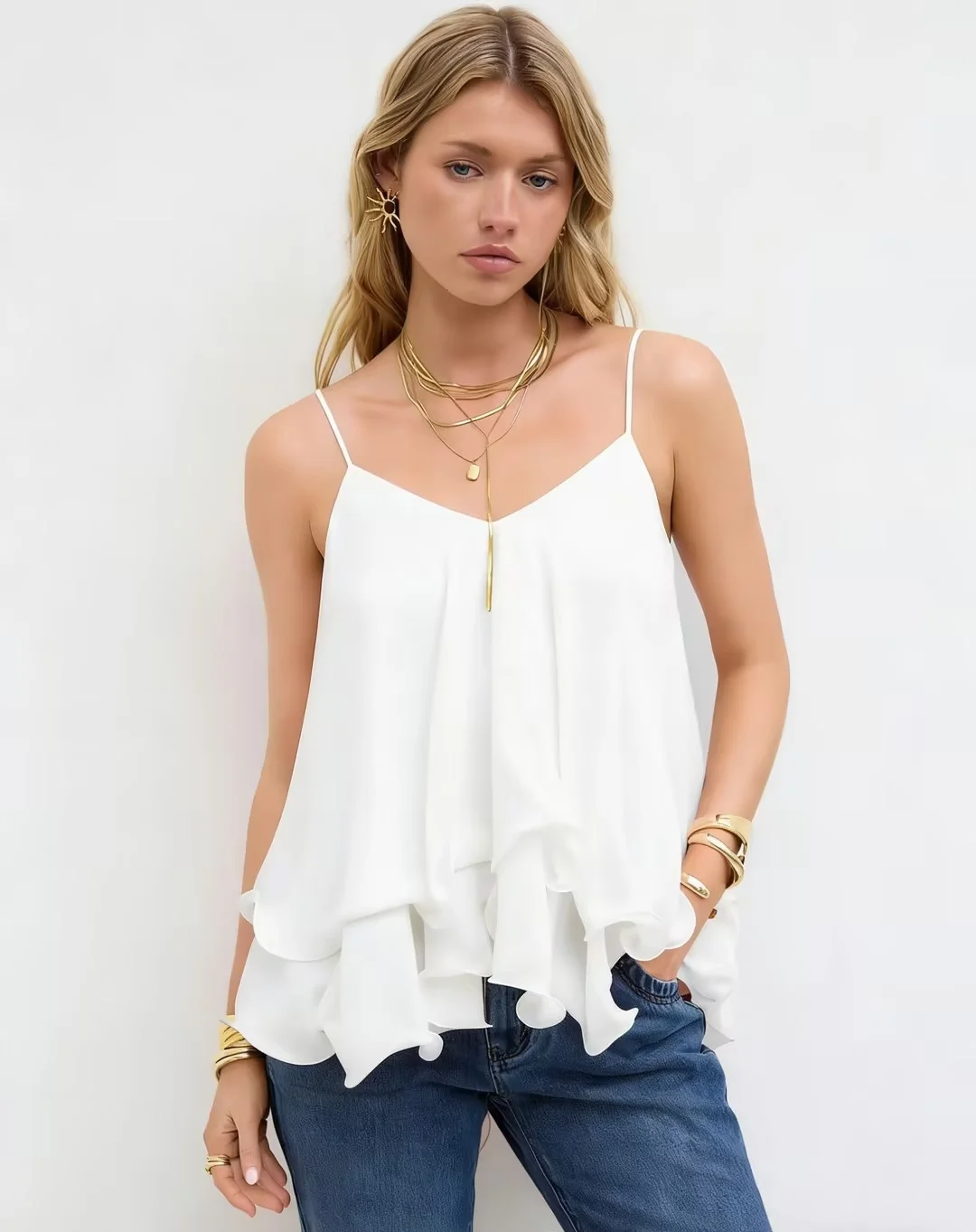 Women Chiffon Camisole Top Spaghetti Strap V Neck Ruffled Flowy Sleeveless Elegant Casual Layered Hem Tank Tops for Daily Party