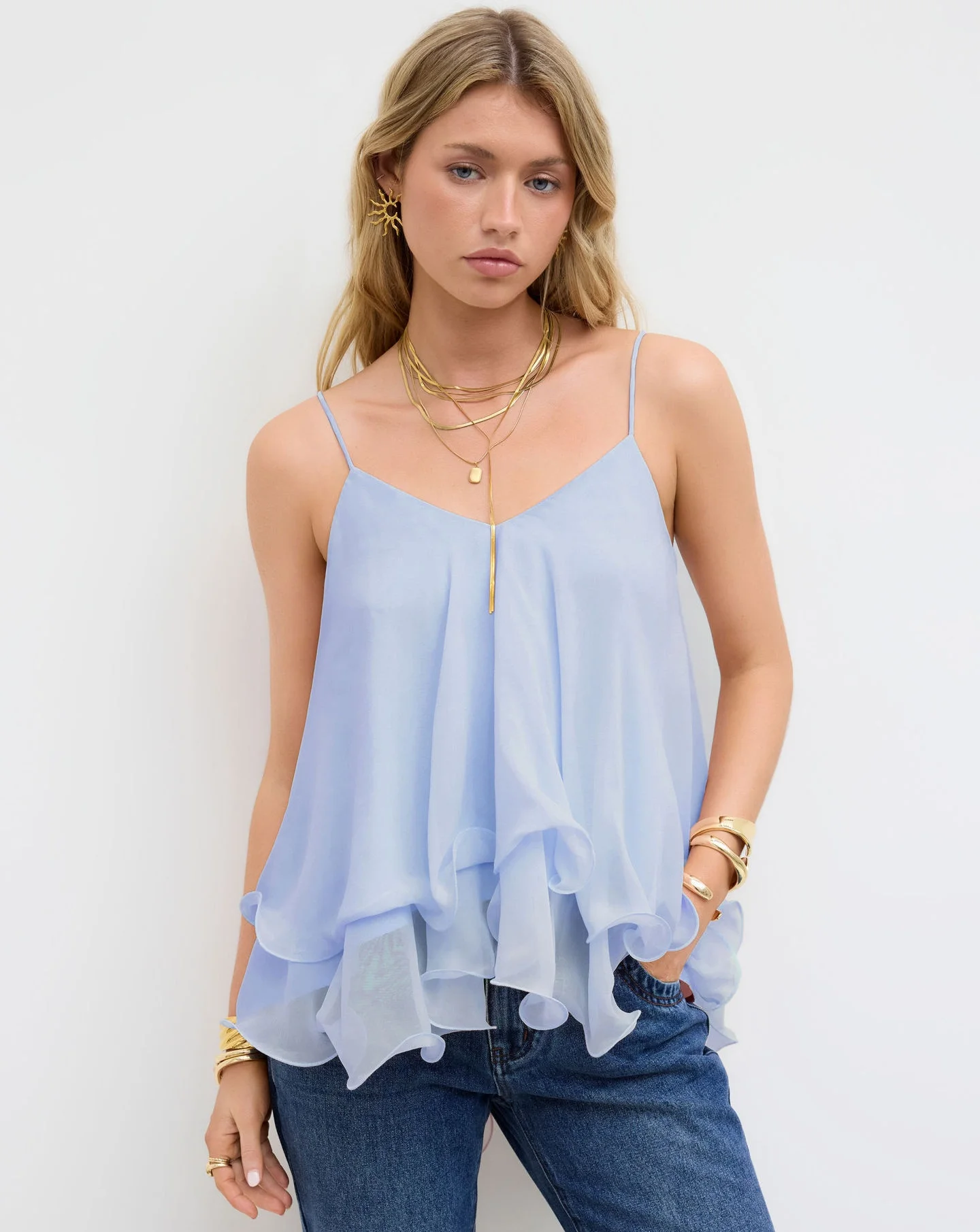 Women Chiffon Camisole Top Spaghetti Strap V Neck Ruffled Flowy Sleeveless Elegant Casual Layered Hem Tank Tops for Daily Party