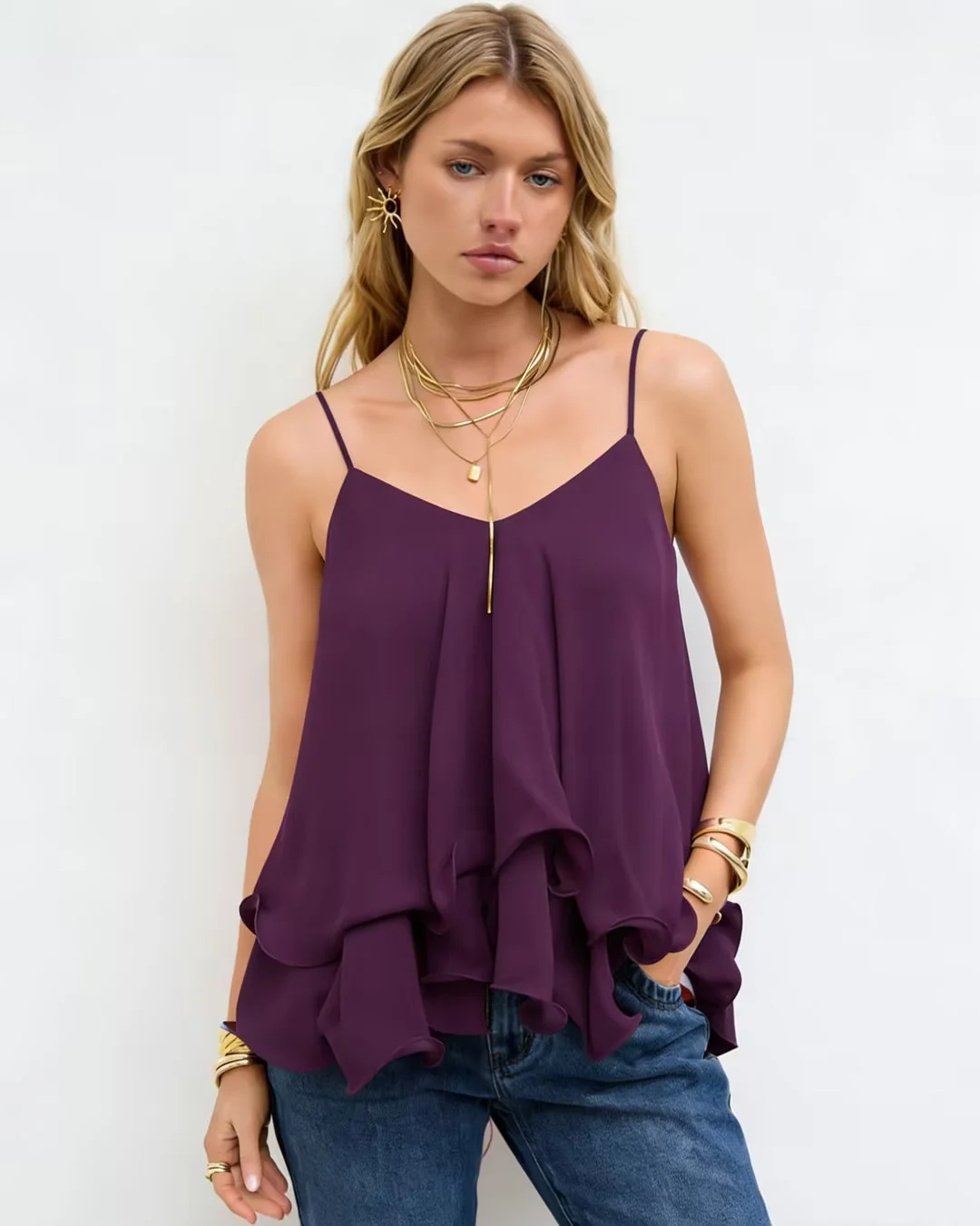 Women Chiffon Camisole Top Spaghetti Strap V Neck Ruffled Flowy Sleeveless Elegant Casual Layered Hem Tank Tops for Daily Party