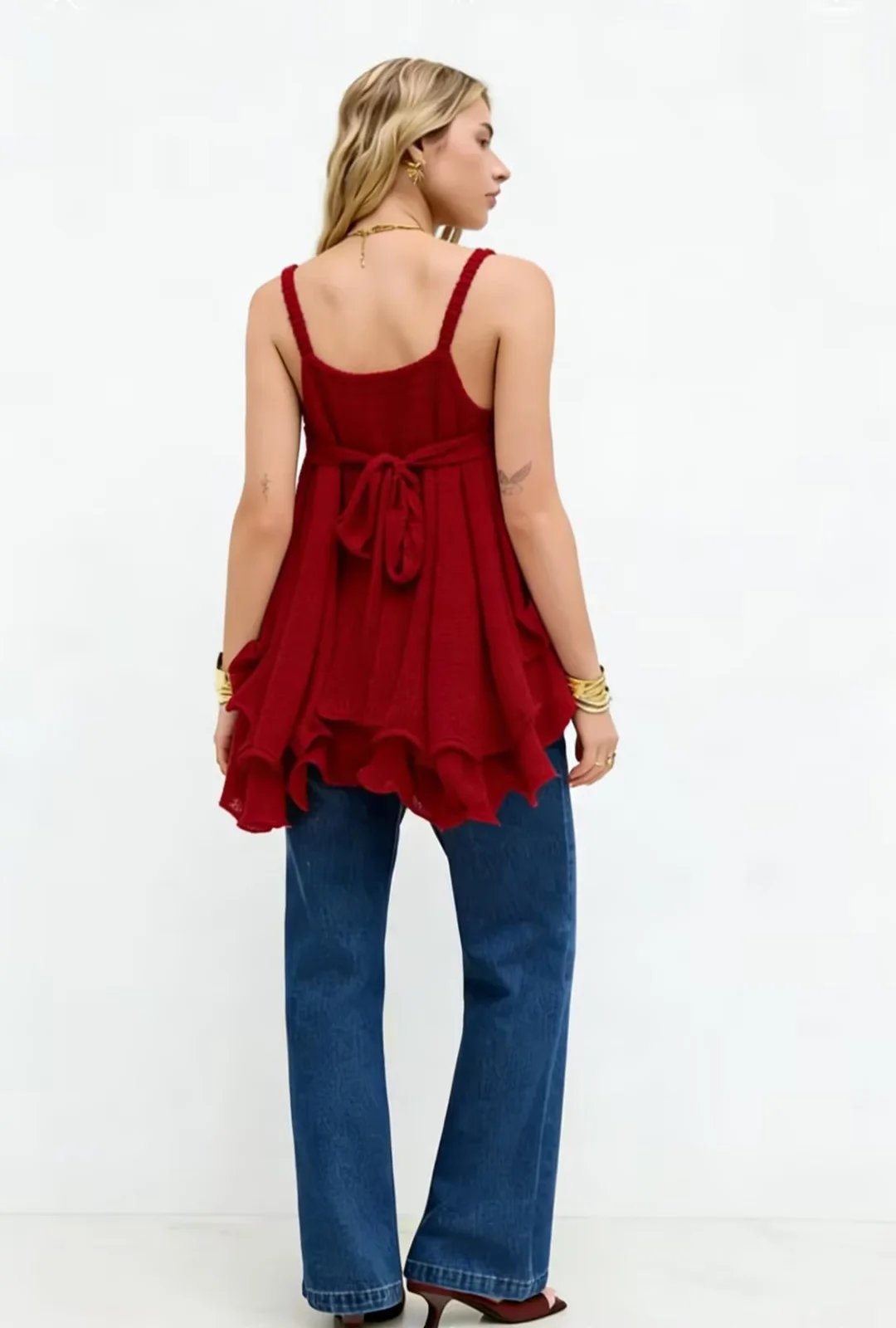 Women Chiffon Camisole Top Spaghetti Strap V Neck Ruffled Flowy Sleeveless Elegant Casual Layered Hem Tank Tops for Daily Party