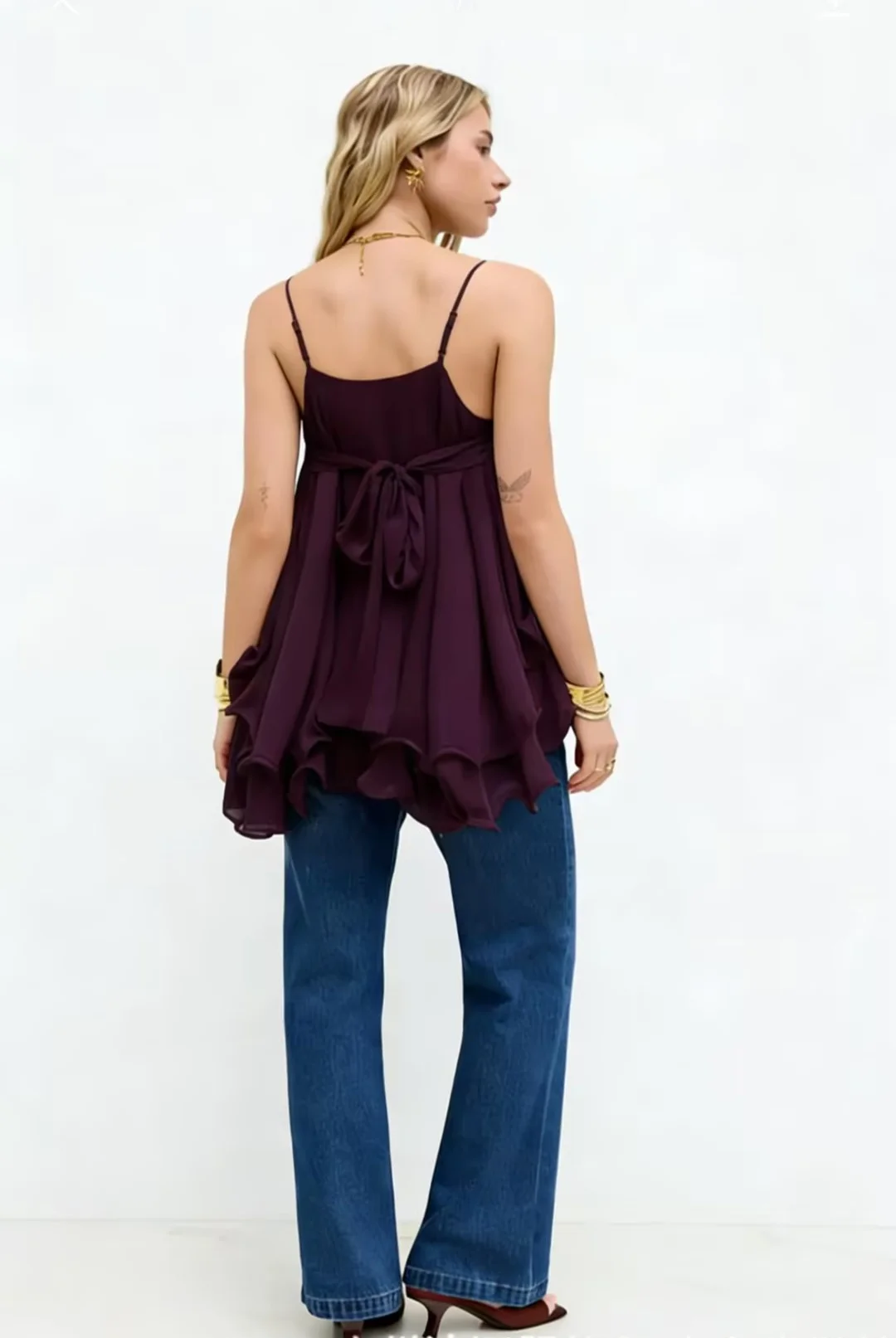 Women Chiffon Camisole Top Spaghetti Strap V Neck Ruffled Flowy Sleeveless Elegant Casual Layered Hem Tank Tops for Daily Party