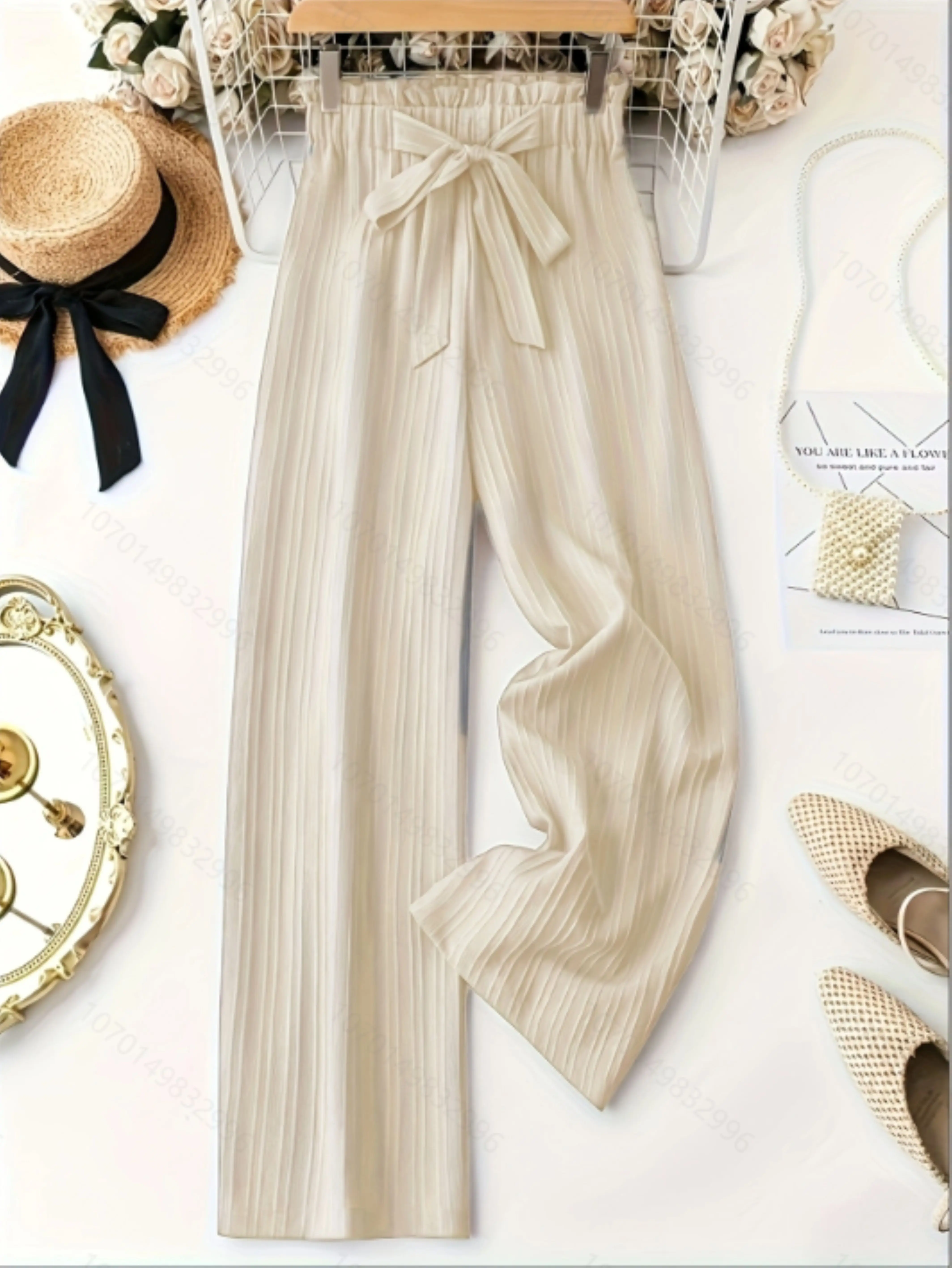 Women Bow Tie High Waist Wide Leg Pants, Casual Solid Textured Elastic Waist Summer Trousers