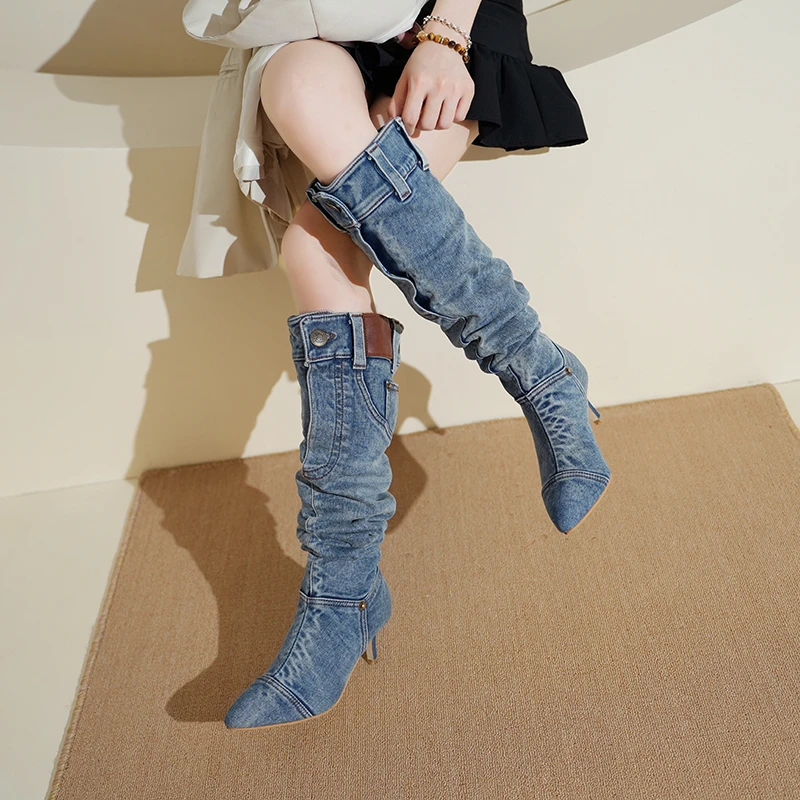 2026 Hot Girls' High-Waisted Knee-High Boots: Washed Denim Booties for Women with Pointed Toes and Stiletto Heels
