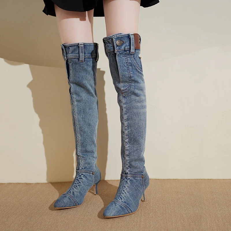 2026 Hot Girls' High-Waisted Knee-High Boots: Washed Denim Booties for Women with Pointed Toes and Stiletto Heels