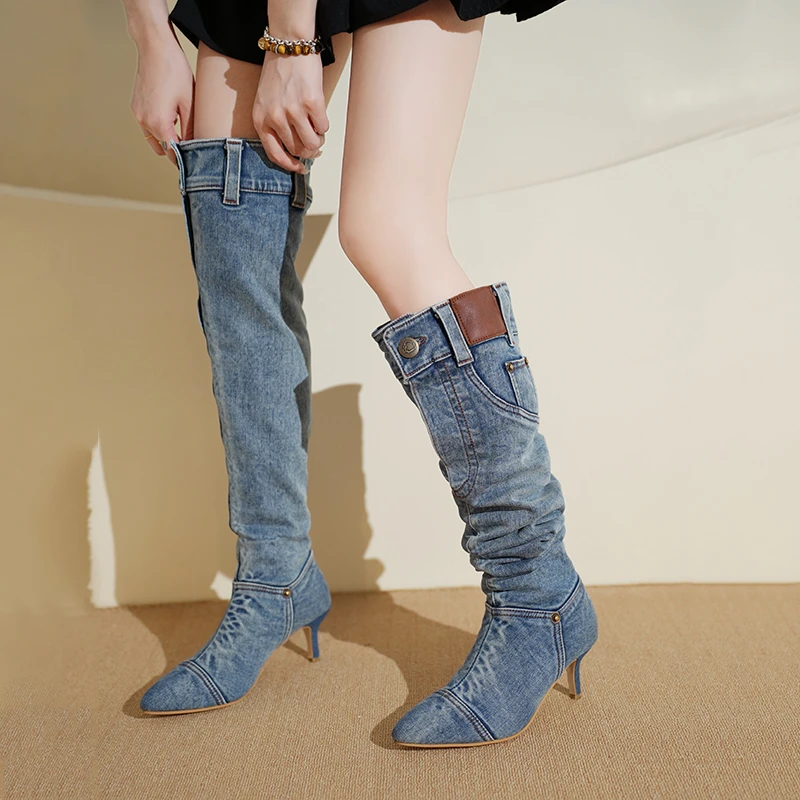 2026 Hot Girls' High-Waisted Knee-High Boots: Washed Denim Booties for Women with Pointed Toes and Stiletto Heels