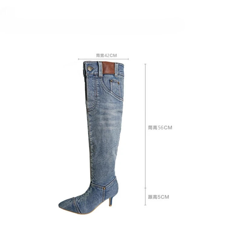 2026 Hot Girls' High-Waisted Knee-High Boots: Washed Denim Booties for Women with Pointed Toes and Stiletto Heels