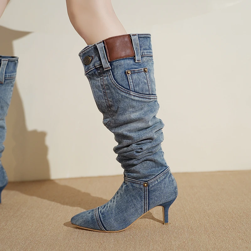 2026 Hot Girls' High-Waisted Knee-High Boots: Washed Denim Booties for Women with Pointed Toes and Stiletto Heels