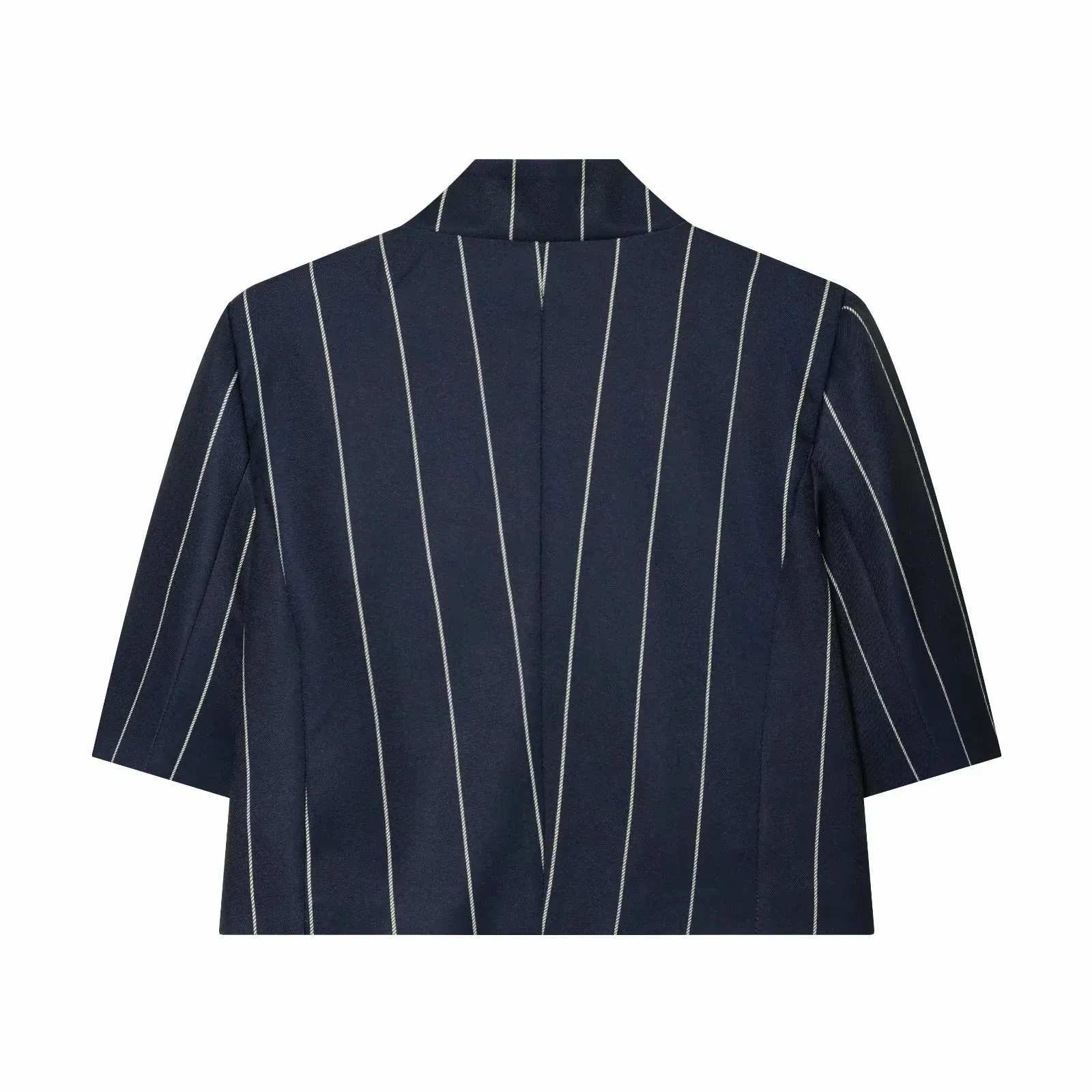 Women Blue Stripe Cropped Blazer Pant Sets Women Stand Neck Short Sleeve Jacket Straight Pants Summer Fashion Lady Suit
