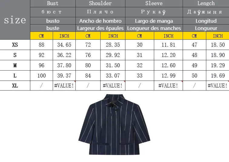 Women Blue Stripe Cropped Blazer Pant Sets Women Stand Neck Short Sleeve Jacket Straight Pants Summer Fashion Lady Suit