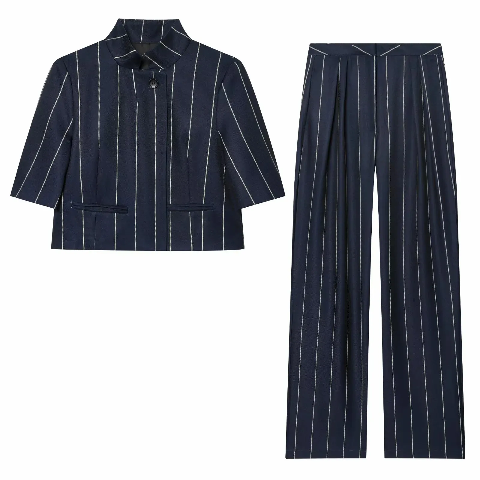 Women Blue Stripe Cropped Blazer Pant Sets Women Stand Neck Short Sleeve Jacket Straight Pants Summer Fashion Lady Suit
