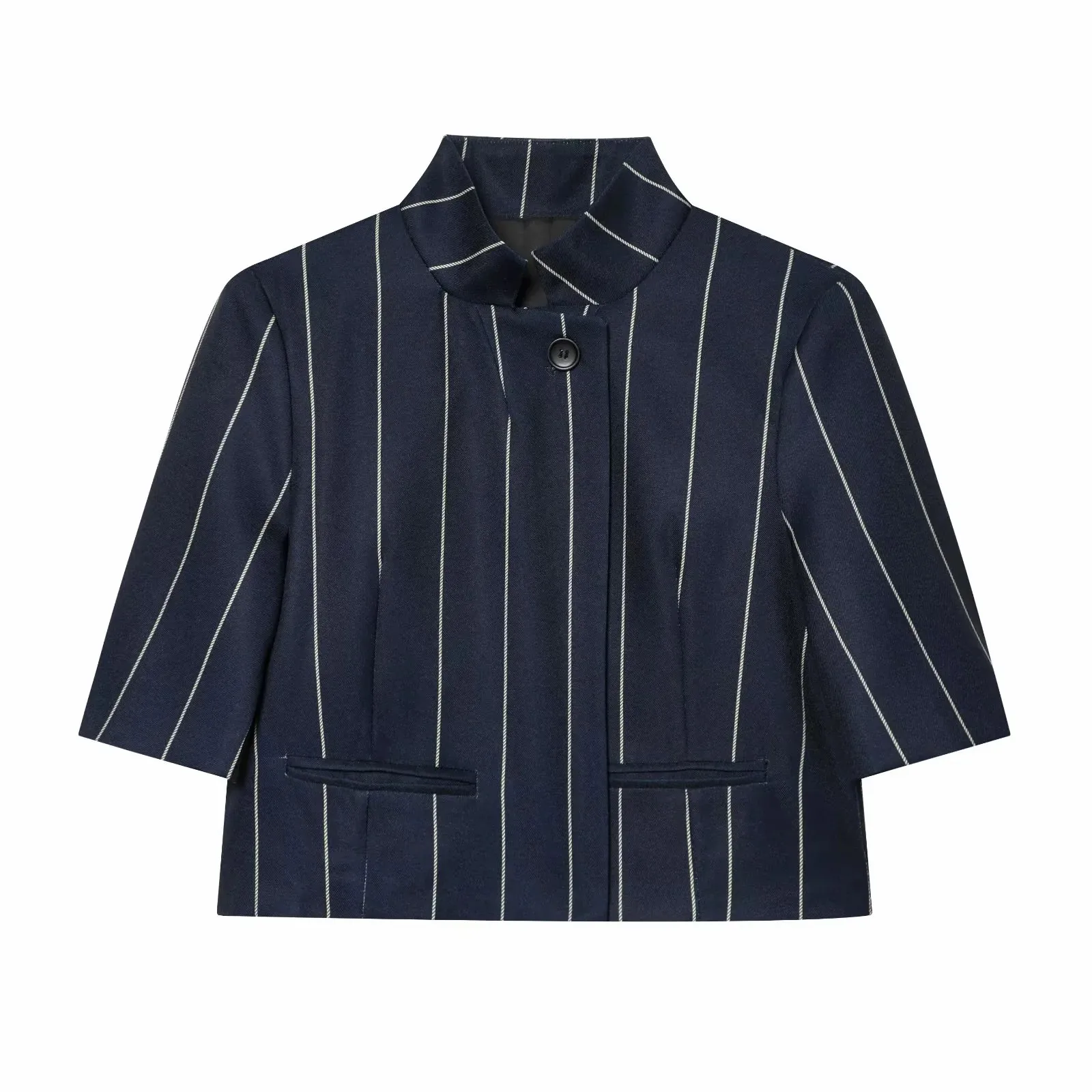 Women Blue Stripe Cropped Blazer Pant Sets Women Stand Neck Short Sleeve Jacket Straight Pants Summer Fashion Lady Suit