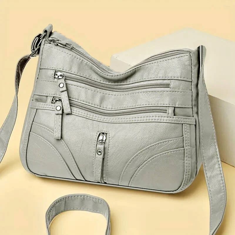 Women Vintage Soft Pu Leather Crossbody Bag Multi Zipper Pockets Large Capacity Casual Daily Work Travel Shoulder Handbag Brown