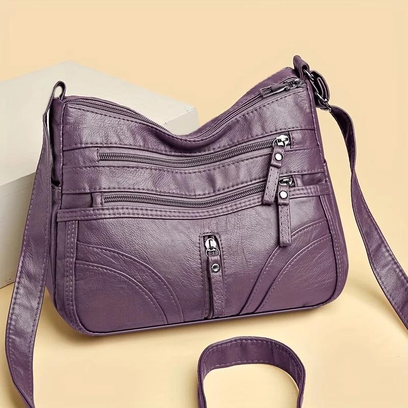 Women Vintage Soft Pu Leather Crossbody Bag Multi Zipper Pockets Large Capacity Casual Daily Work Travel Shoulder Handbag Brown