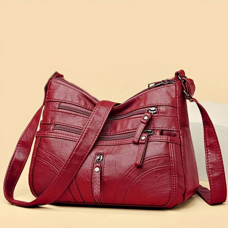 Women Vintage Soft Pu Leather Crossbody Bag Multi Zipper Pockets Large Capacity Casual Daily Work Travel Shoulder Handbag Brown
