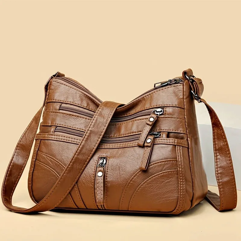 Women Vintage Soft Pu Leather Crossbody Bag Multi Zipper Pockets Large Capacity Casual Daily Work Travel Shoulder Handbag Brown