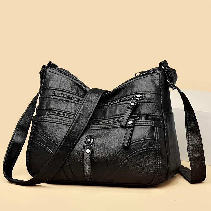 Women Vintage Soft Pu Leather Crossbody Bag Multi Zipper Pockets Large Capacity Casual Daily Work Travel Shoulder Handbag Brown