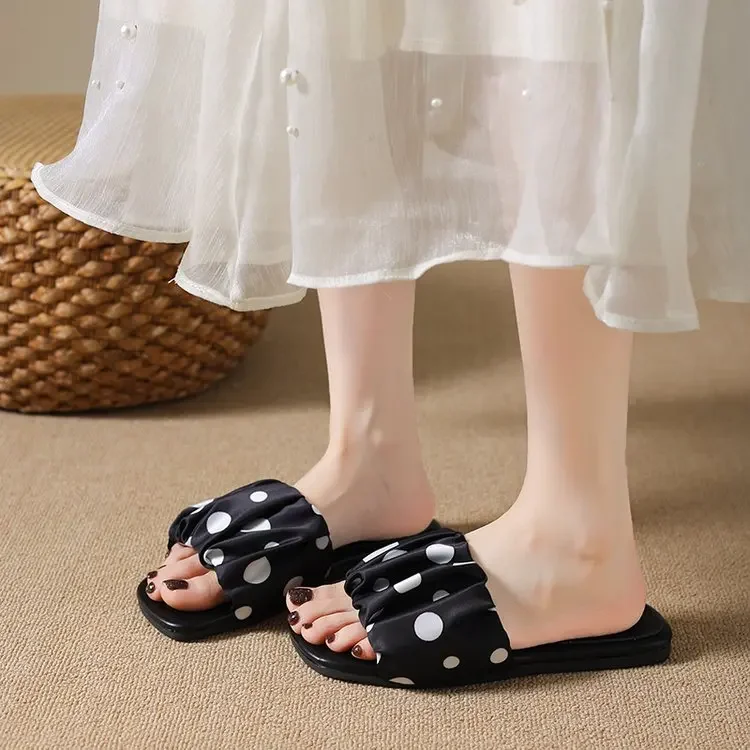 2026 Summer Women Platform Thick Bottom Slippers Vintage Polka Dot Shoes Outdoor Square Toe Beach Vacation Dress Slides