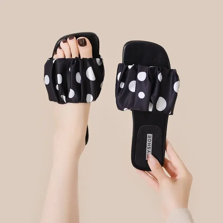 2026 Summer Women Platform Thick Bottom Slippers Vintage Polka Dot Shoes Outdoor Square Toe Beach Vacation Dress Slides