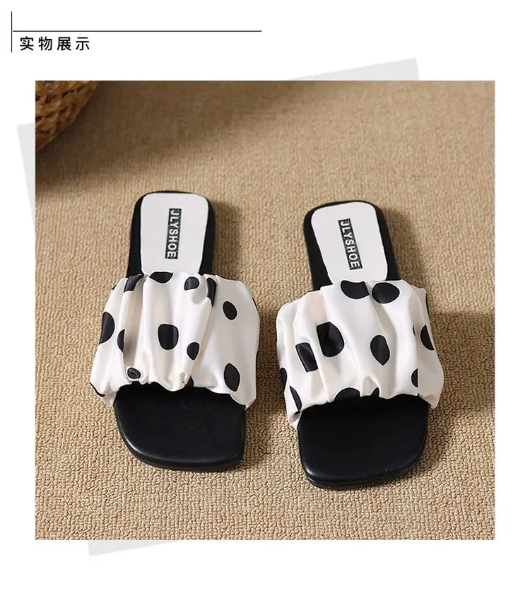 2026 Summer Women Platform Thick Bottom Slippers Vintage Polka Dot Shoes Outdoor Square Toe Beach Vacation Dress Slides