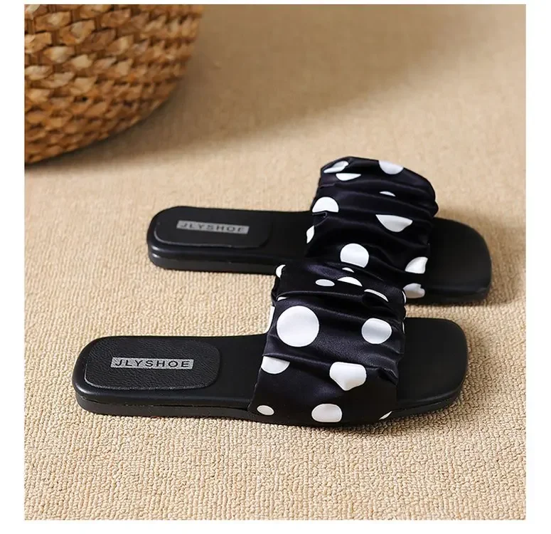 2026 Summer Women Platform Thick Bottom Slippers Vintage Polka Dot Shoes Outdoor Square Toe Beach Vacation Dress Slides