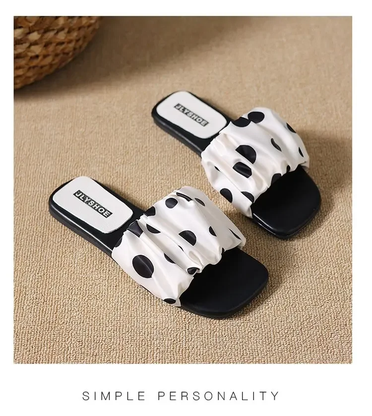 2026 Summer Women Platform Thick Bottom Slippers Vintage Polka Dot Shoes Outdoor Square Toe Beach Vacation Dress Slides