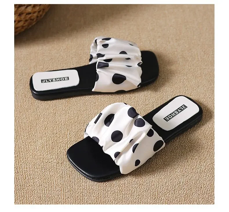 2026 Summer Women Platform Thick Bottom Slippers Vintage Polka Dot Shoes Outdoor Square Toe Beach Vacation Dress Slides