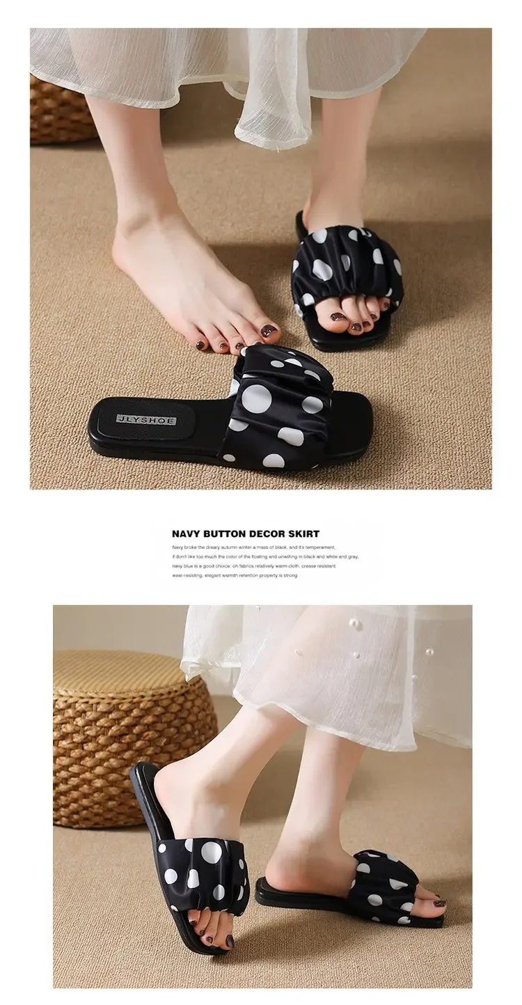 2026 Summer Women Platform Thick Bottom Slippers Vintage Polka Dot Shoes Outdoor Square Toe Beach Vacation Dress Slides