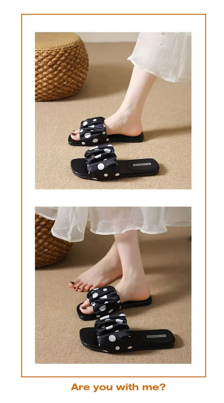 2026 Summer Women Platform Thick Bottom Slippers Vintage Polka Dot Shoes Outdoor Square Toe Beach Vacation Dress Slides