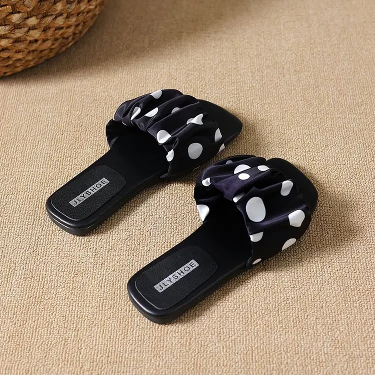 2026 Summer Women Platform Thick Bottom Slippers Vintage Polka Dot Shoes Outdoor Square Toe Beach Vacation Dress Slides