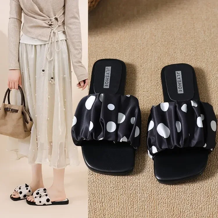 2026 Summer Women Platform Thick Bottom Slippers Vintage Polka Dot Shoes Outdoor Square Toe Beach Vacation Dress Slides