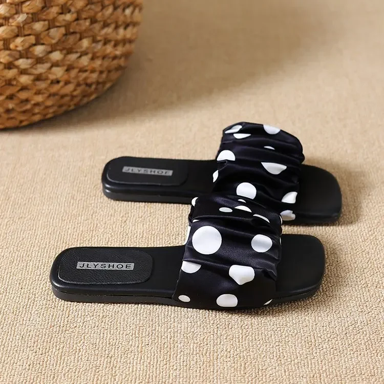 2026 Summer Women Platform Thick Bottom Slippers Vintage Polka Dot Shoes Outdoor Square Toe Beach Vacation Dress Slides