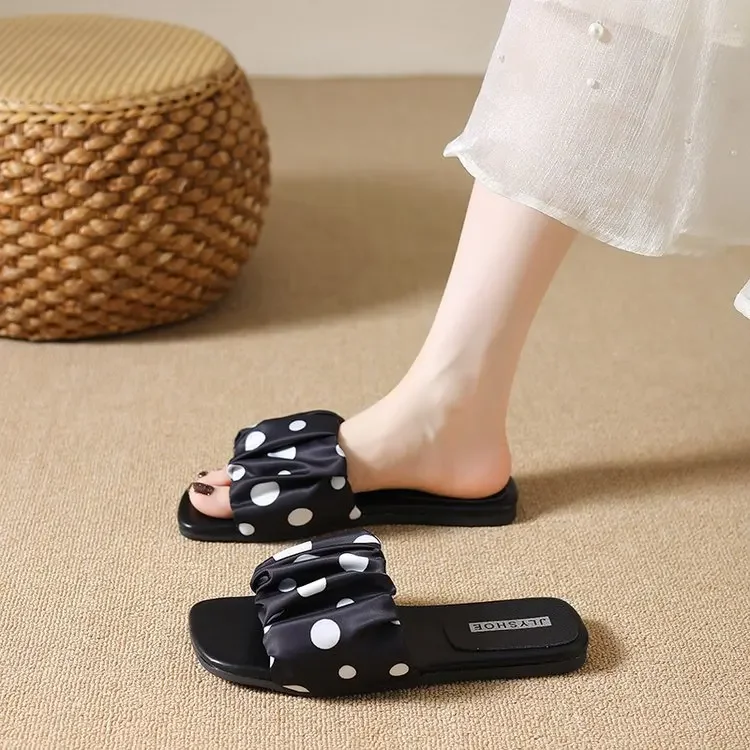 2026 Summer Women Platform Thick Bottom Slippers Vintage Polka Dot Shoes Outdoor Square Toe Beach Vacation Dress Slides