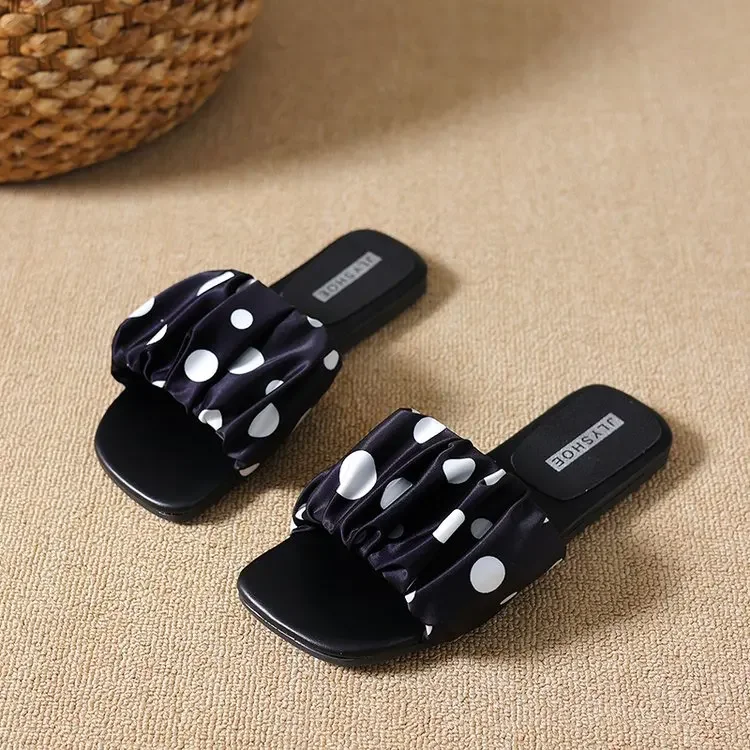 2026 Summer Women Platform Thick Bottom Slippers Vintage Polka Dot Shoes Outdoor Square Toe Beach Vacation Dress Slides