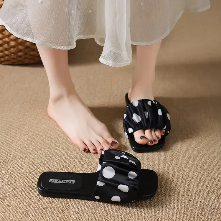 2026 Summer Women Platform Thick Bottom Slippers Vintage Polka Dot Shoes Outdoor Square Toe Beach Vacation Dress Slides