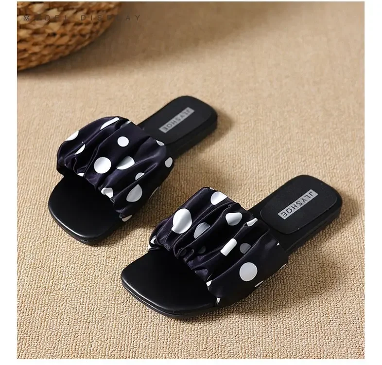 2026 Summer Women Platform Thick Bottom Slippers Vintage Polka Dot Shoes Outdoor Square Toe Beach Vacation Dress Slides