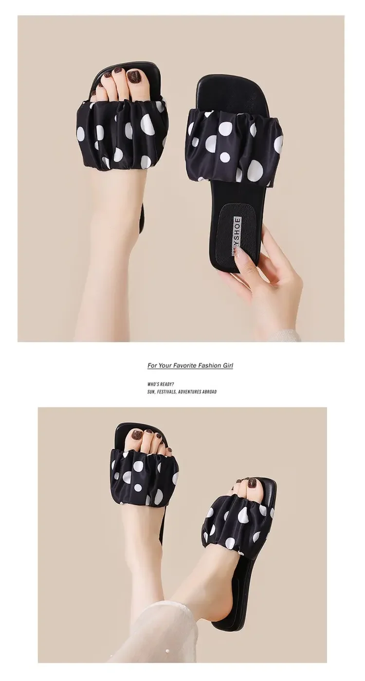 2026 Summer Women Platform Thick Bottom Slippers Vintage Polka Dot Shoes Outdoor Square Toe Beach Vacation Dress Slides