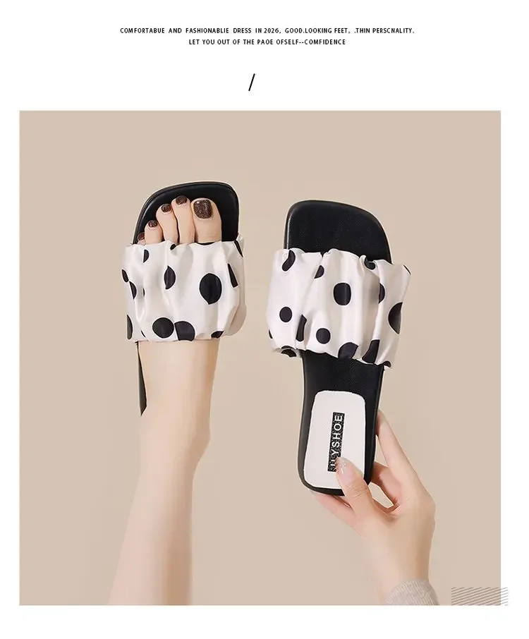2026 Summer Women Platform Thick Bottom Slippers Vintage Polka Dot Shoes Outdoor Square Toe Beach Vacation Dress Slides