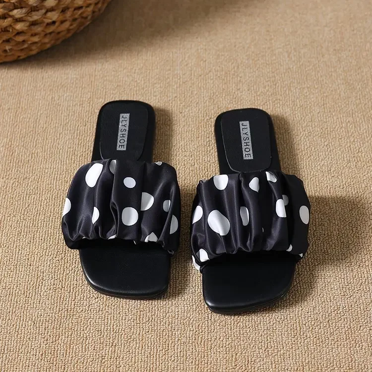 2026 Summer Women Platform Thick Bottom Slippers Vintage Polka Dot Shoes Outdoor Square Toe Beach Vacation Dress Slides