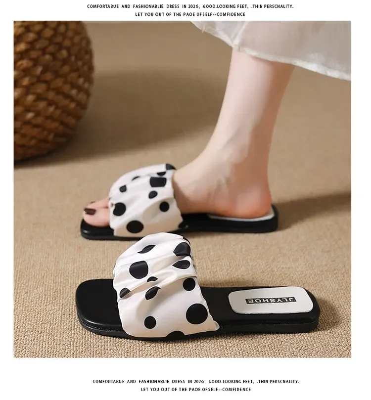2026 Summer Women Platform Thick Bottom Slippers Vintage Polka Dot Shoes Outdoor Square Toe Beach Vacation Dress Slides