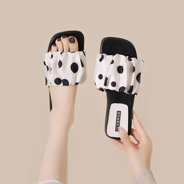 2026 Summer Women Platform Thick Bottom Slippers Vintage Polka Dot Shoes Outdoor Square Toe Beach Vacation Dress Slides