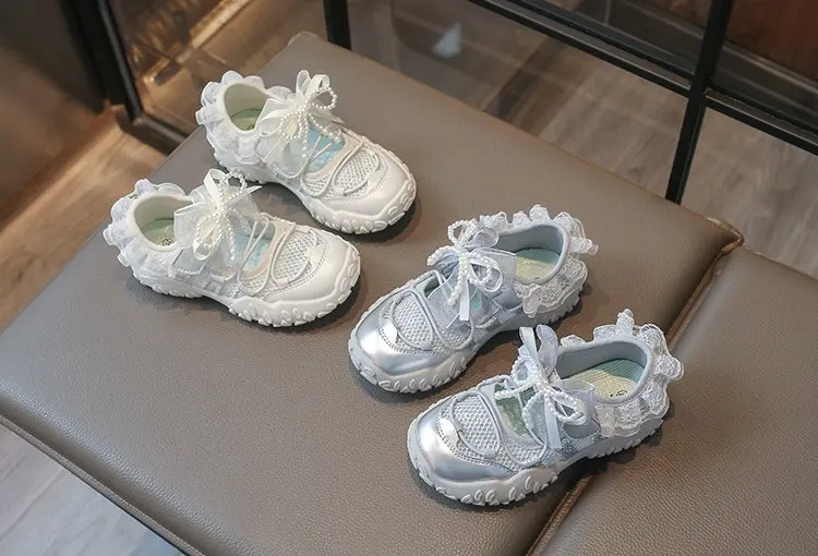 Sweet Princess Mary Jane Sneakers for Girls Large Bow Ribbon Adjustable Strap Soft Sole Walking Shoes Summer Breathable
