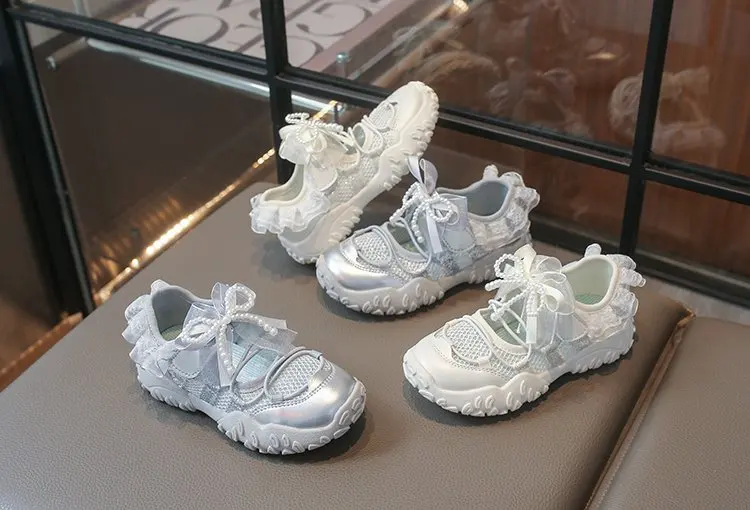 Sweet Princess Mary Jane Sneakers for Girls Large Bow Ribbon Adjustable Strap Soft Sole Walking Shoes Summer Breathable