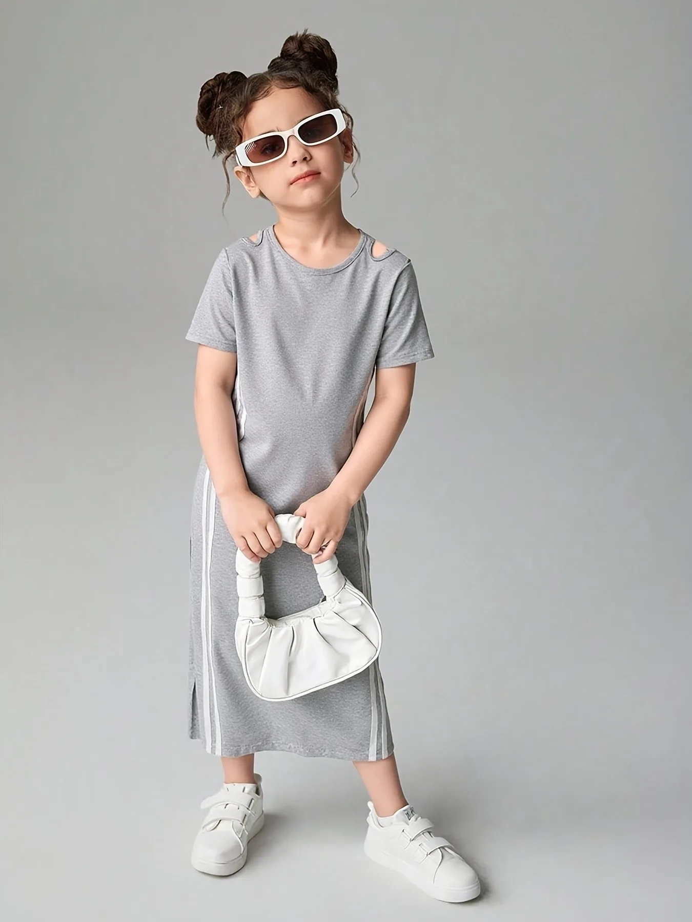 Kids Girls Gray Casual Midi Dress, Short Sleeve Crew Neck Dress with Side Stripes & Shoulder Cutouts for Daily Wear
