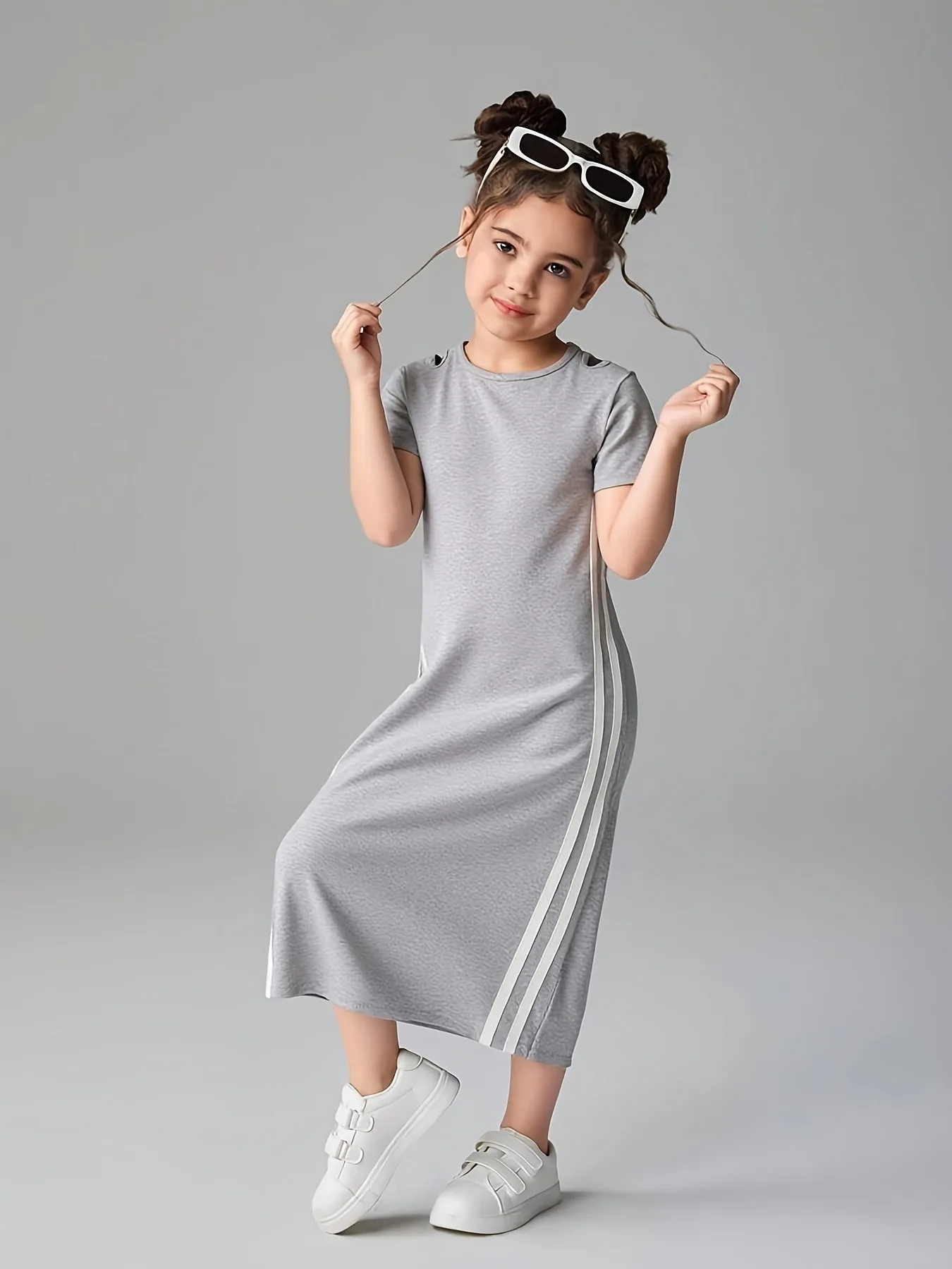 Kids Girls Gray Casual Midi Dress, Short Sleeve Crew Neck Dress with Side Stripes & Shoulder Cutouts for Daily Wear