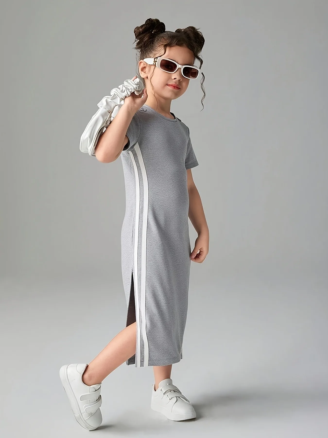 Kids Girls Gray Casual Midi Dress, Short Sleeve Crew Neck Dress with Side Stripes & Shoulder Cutouts for Daily Wear