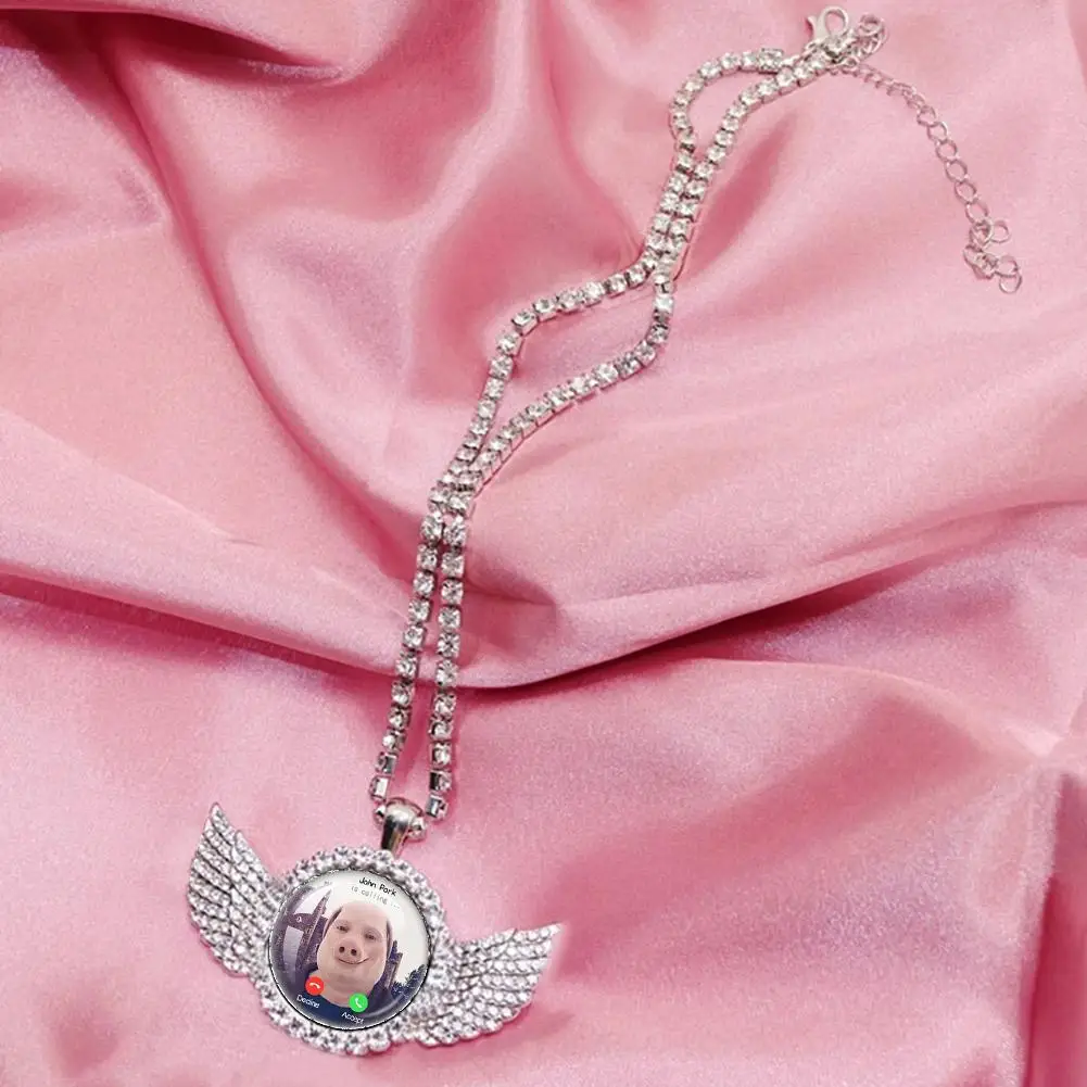 For John Pork Is Calling Answer Call Phone Humor Funny Pig Lover Graphic The Moon Necklace Angel Wings Pendant Necklace Gift