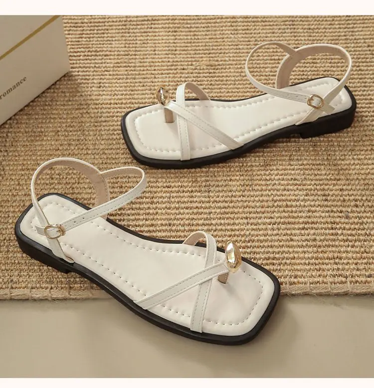 Sandals Women 2026 Summer New Fashion Square Toe Roman Shoes Simple Fairy Strap Women Shoes Flat Casual Shoe Sandalias De Mujer