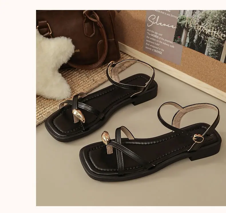 Sandals Women 2026 Summer New Fashion Square Toe Roman Shoes Simple Fairy Strap Women Shoes Flat Casual Shoe Sandalias De Mujer