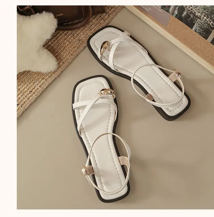 Sandals Women 2026 Summer New Fashion Square Toe Roman Shoes Simple Fairy Strap Women Shoes Flat Casual Shoe Sandalias De Mujer